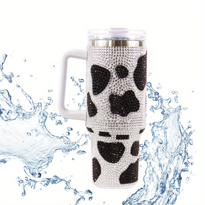 Cow Print Water Bottle 40oz Portable Glass Car Bottle Handle Straw Lid