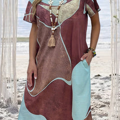 Casual Plus Size Dress with Pockets, Short Sleeve Print Round Neck