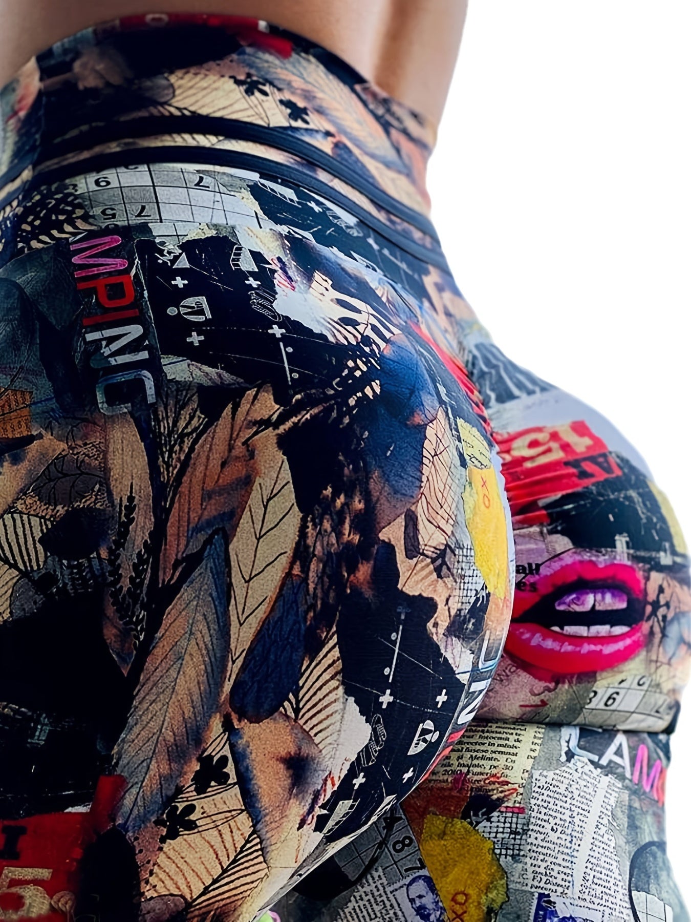 Vintage Lips Print Sports Leggings High Elastic Fitness Running Pants