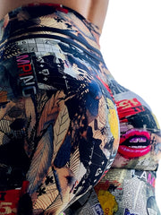 Vintage Lips Print Sports Leggings High Elastic Fitness Running Pants