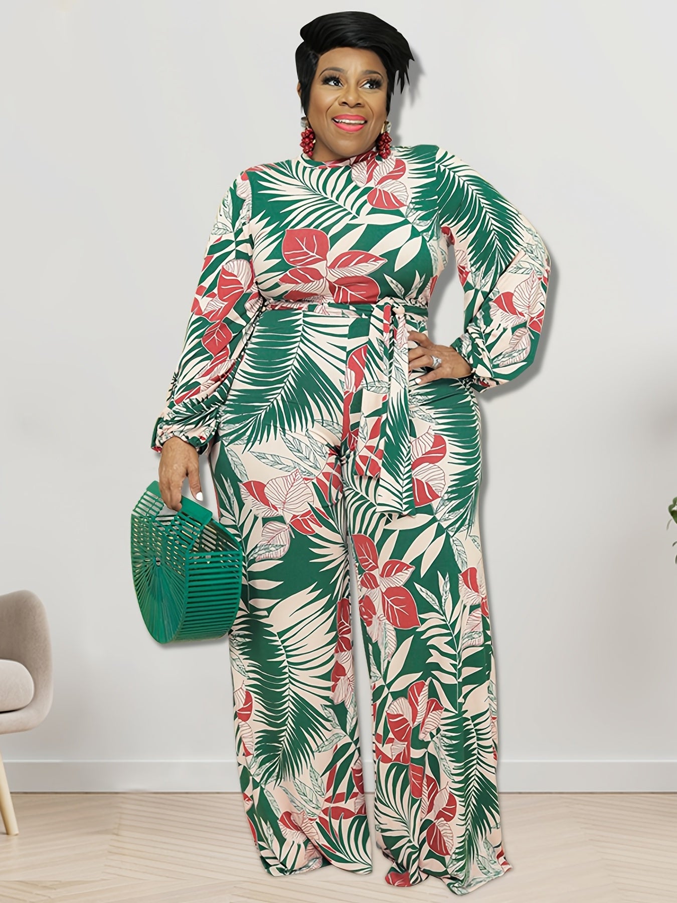 Tropical Print Lantern Sleeve Jumpsuit Plus Size