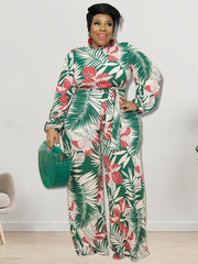 Tropical Print Lantern Sleeve Jumpsuit Plus Size