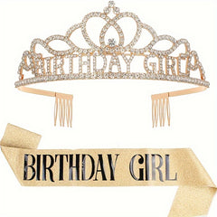 Girls Birthday Party Crown & Shoulder Strap Rhinestone Tiara Princess Set