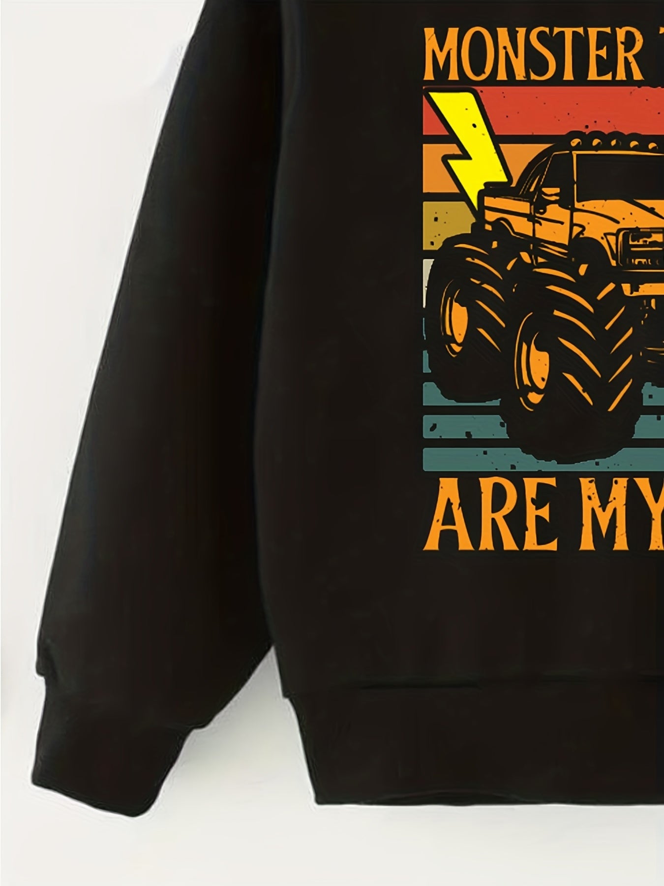 Colorful Monster Truck Print Boys Casual Pullover Sweatshirt