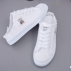 Women's Letter Patched Mules Sneakers Lace Up Raw Trim Canvas Shoes