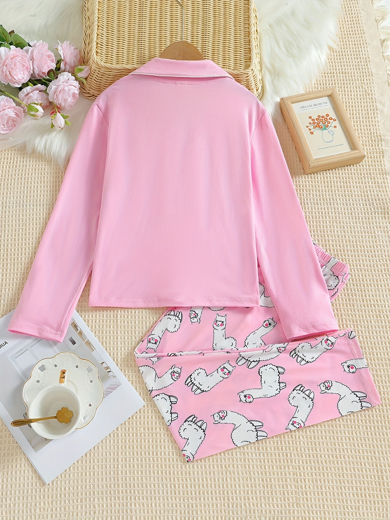 Alpaca Pattern Pajamas Button Front Top & Pants Set