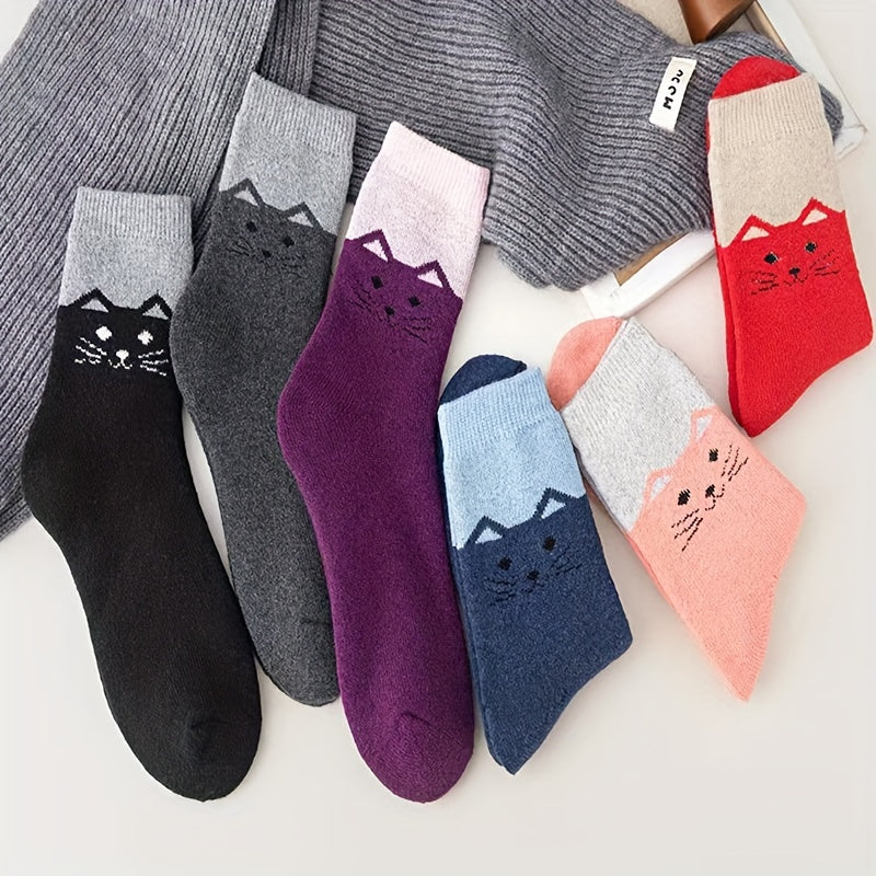 6 Pairs Cartoon Cat Print Socks Women's Stockings & Hosiery