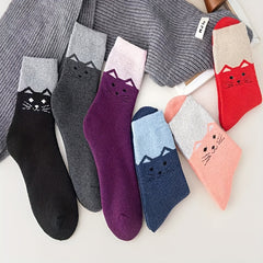6 Pairs Cartoon Cat Print Socks Women's Stockings & Hosiery
