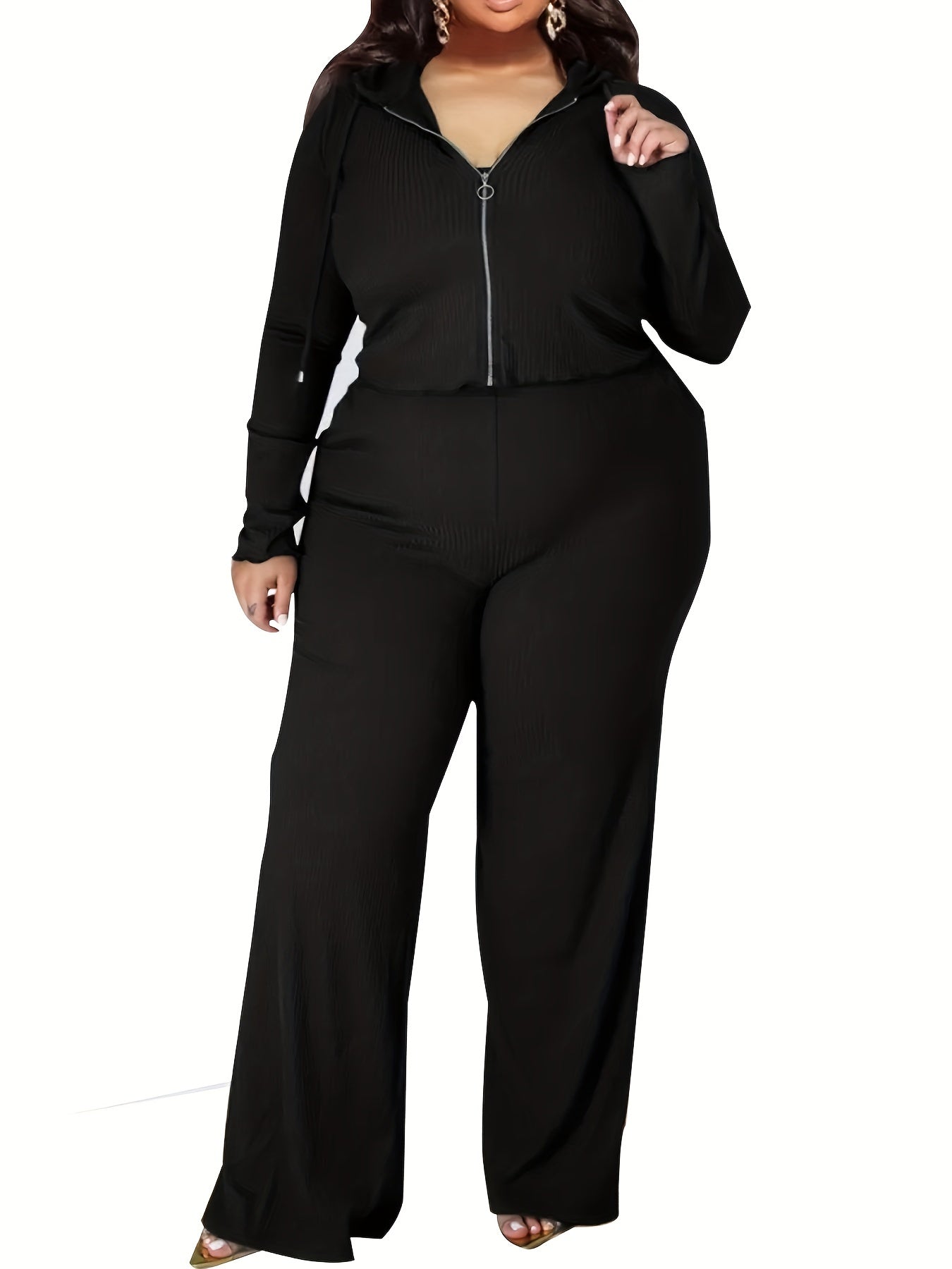 Casual Outfit Set Zipper Front Drawstring Hoodie & Cami Top & Pants