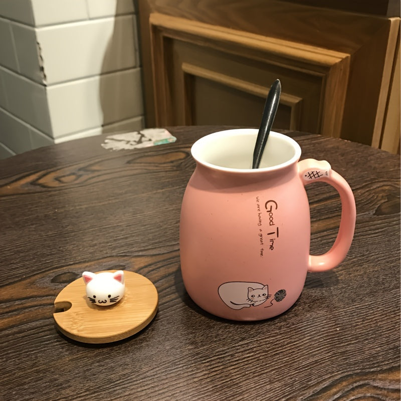 450ml Cartoon Cat Ceramic Mug with Wooden Lid & Spoon Handle