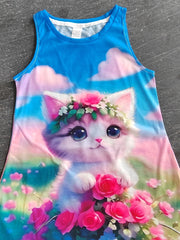 3D Printed Cat Princess Dress for Girls Sleeveless Summer Casual