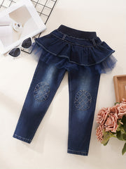 Girls Ruffled Tutu Knee Patch Jeans Kid Girls Casual Denim Pants
