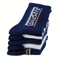5 Pairs Boys Kids Striped Letter Crew Sports Socks