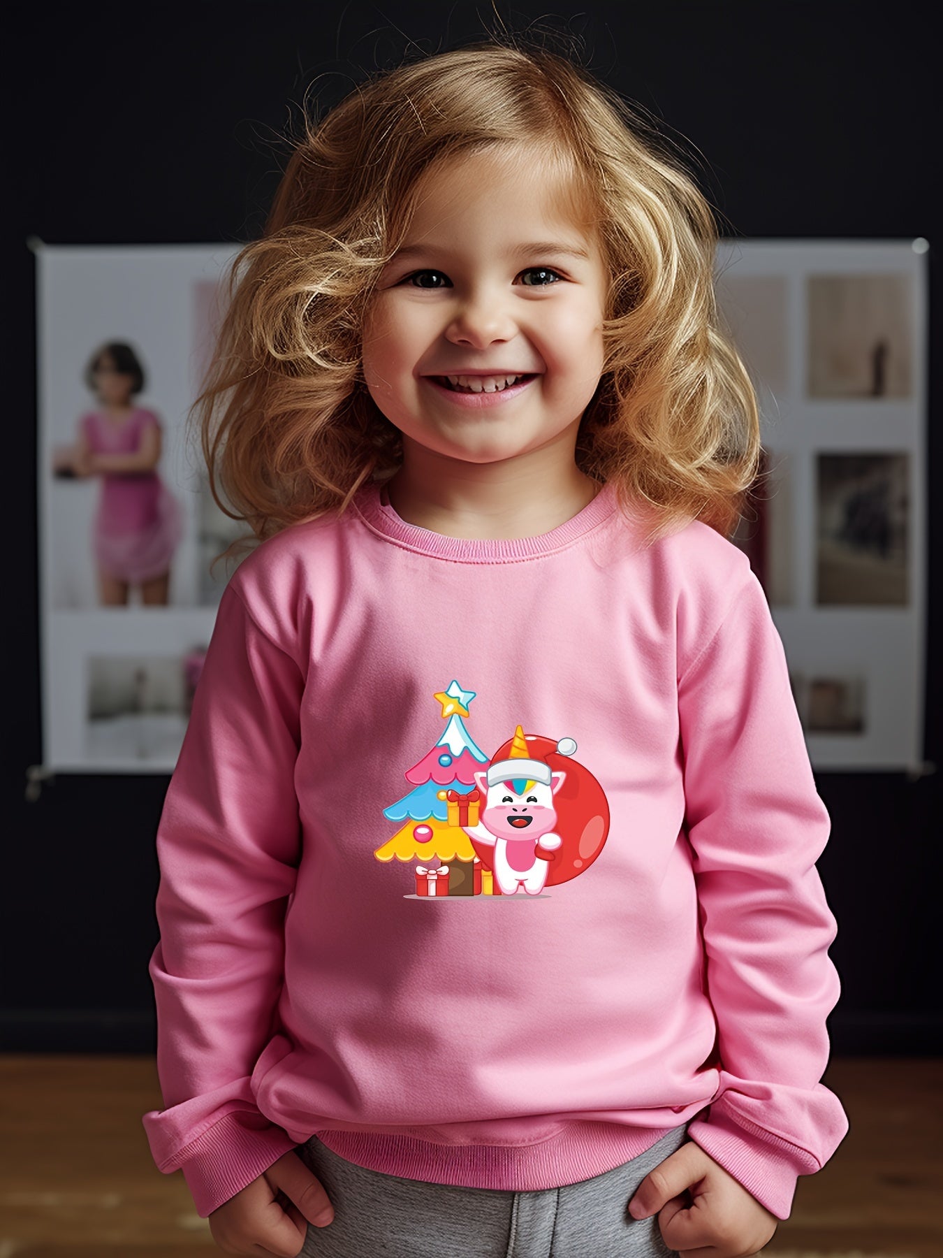 Christmas Unicorn & Tree Print Girls Sweatshirt Long Sleeve Crew Neck Tops