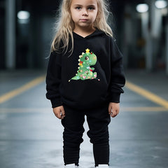Girls Christmas Dinosaur Hooded Sweatshirt Top Sweatpants Set
