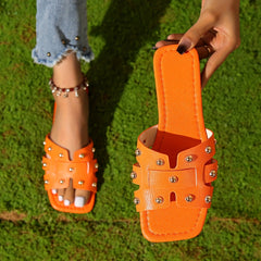 Women's Flat Slide Sandals Lightweight Square Open Toe Slip On Shoes