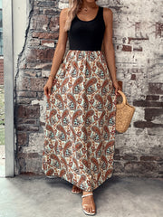 Paisley Print Splicing Maxi Dress Sleeveless Crew Neck