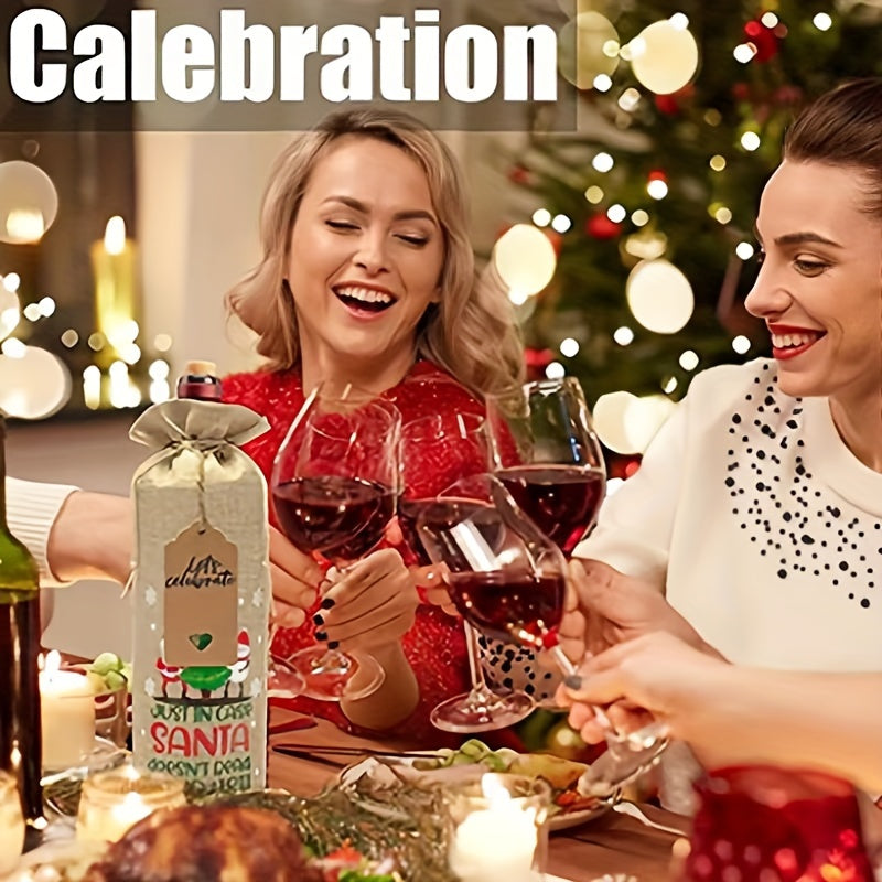 Christmas Linen Wine Bottle Bag Drawstring Wine Bottle Cover