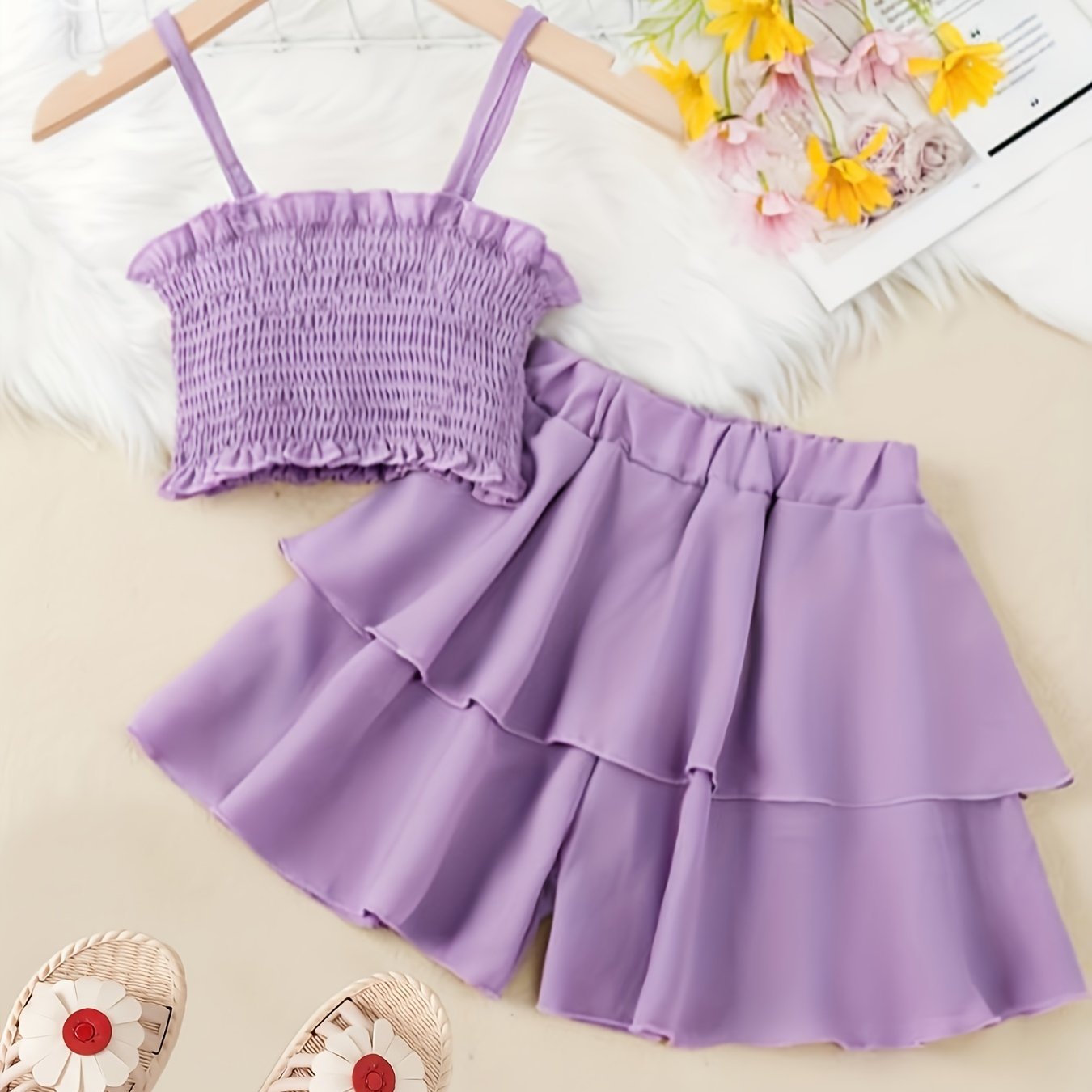2pcs Toddler Girls Shirred Cami Crop Top & Ruffle Trim Shorts Set