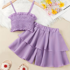 2pcs Toddler Girls Shirred Cami Crop Top & Ruffle Trim Shorts Set