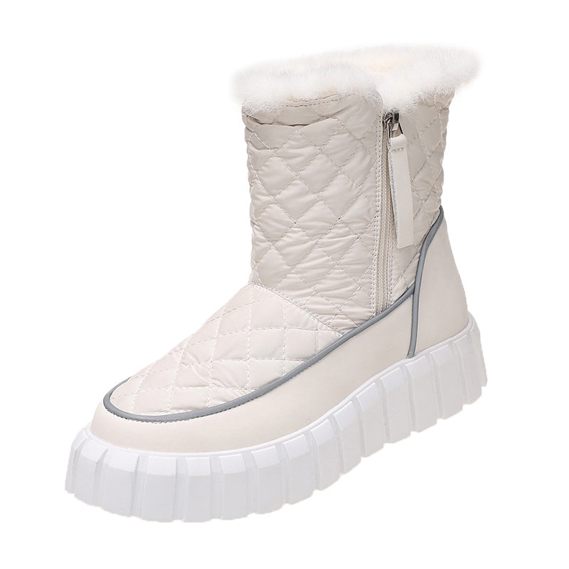 Quilted Argyle Round Toe Snow Boots Faux Fur Lined Thick Sole Ankle Boots