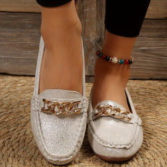 Women's Chain Decor Loafers Slip On Flat Shoes Lightweight Walking Shoes