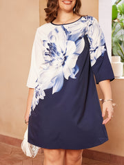 Women's Plus Colorblock Floral Print Half Sleeve Round Neck Mini Dress