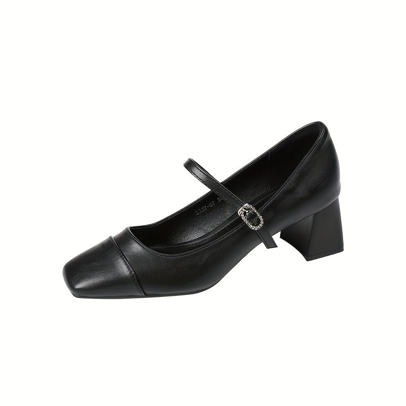 Chunky Heel Square Toe Pumps Faux Leather Buckle Strap