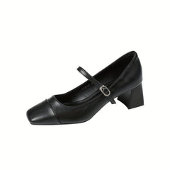 Chunky Heel Square Toe Pumps Faux Leather Buckle Strap