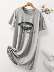 Lips & Letter Print Nightdress Middle Sleeve
