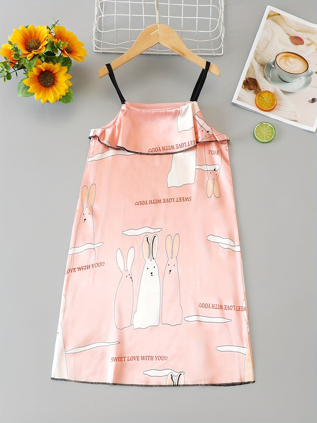 Girl's Rabbit Graphic Camisole Dress Kids Nightgown