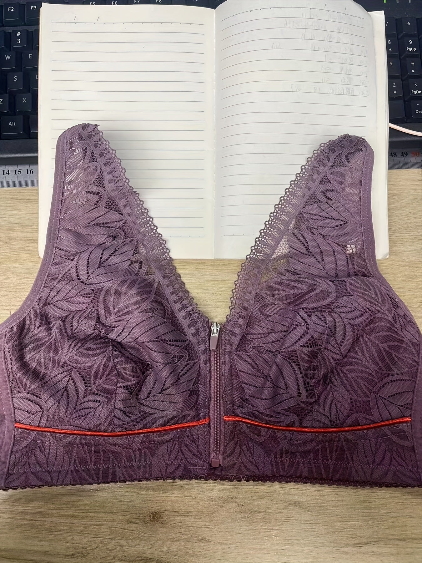 Leaf Pattern Lace Wireless Bra Zip Front Intimates Lingerie