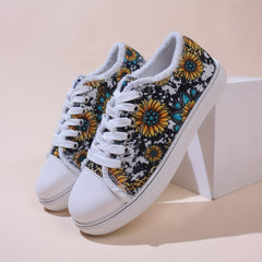 Floral & Leopard Print Lace-Up Low Round Toe Lightweight Flat Shoes