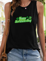 Letter & Leaf Print Sleeveless Sports Vest Round Neck Stretchy Casual Top