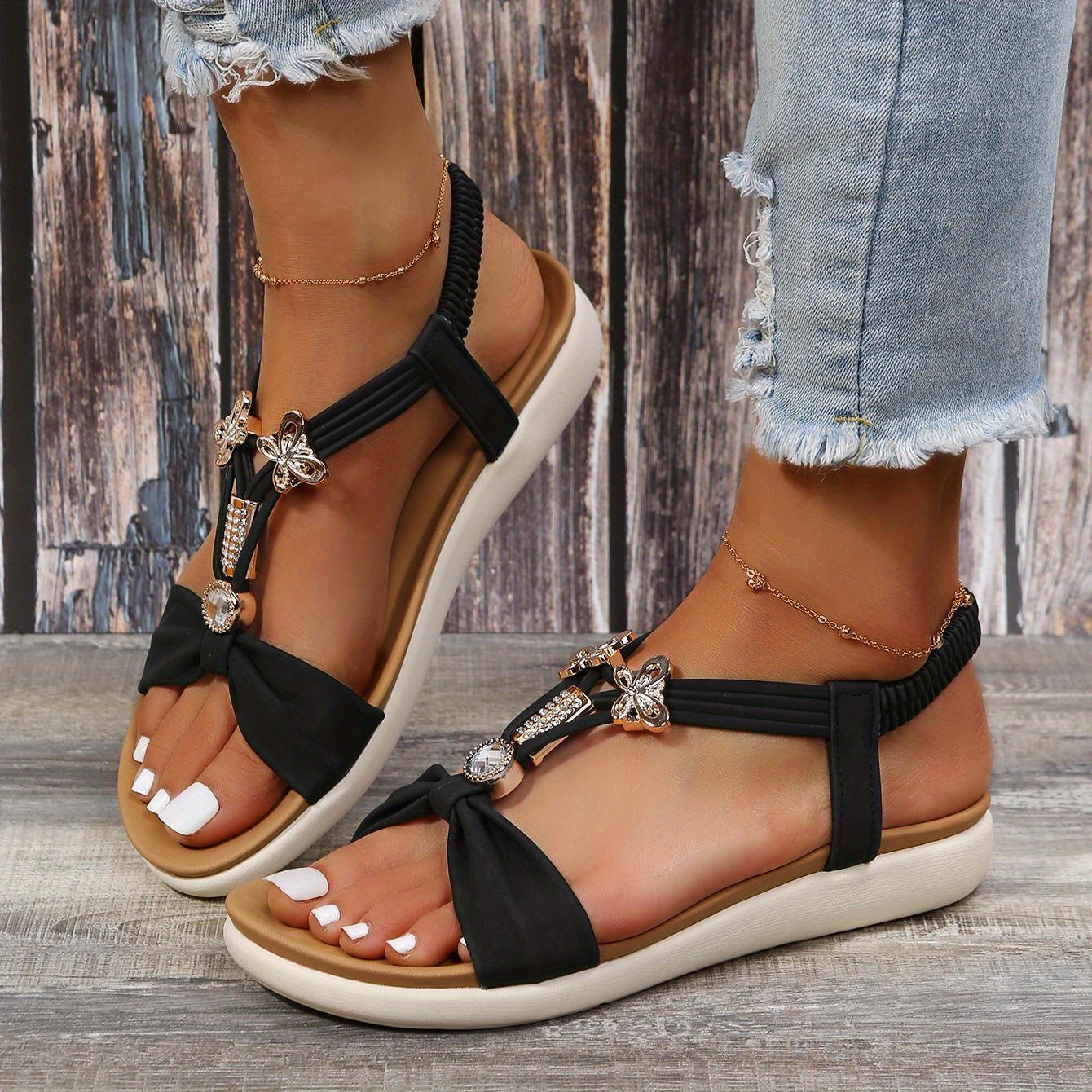 Women's Butterfly Flat Sandals Boho Style Open Toe Rhinestone Shoes