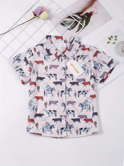 Boys Cow Short Sleeves Button Down Shirt Tops for Summer