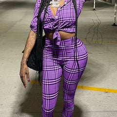 Plaid Print Shirt & Leggings Outfit Set