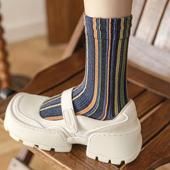 5 Pairs Colorblock Striped Socks Retro College Style Mid Tube Socks