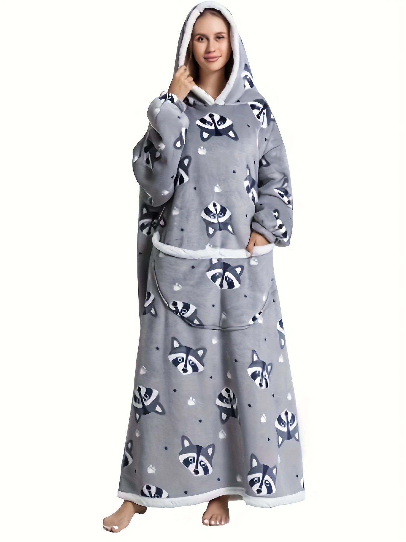 Raccoon Pattern Sherpa Fleece Hooded Long Robe