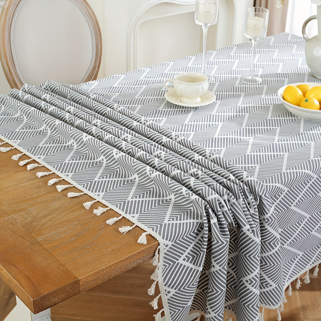 Boho Geometric Wave Pattern Tablecloth European Style Cotton Linen Rectangular