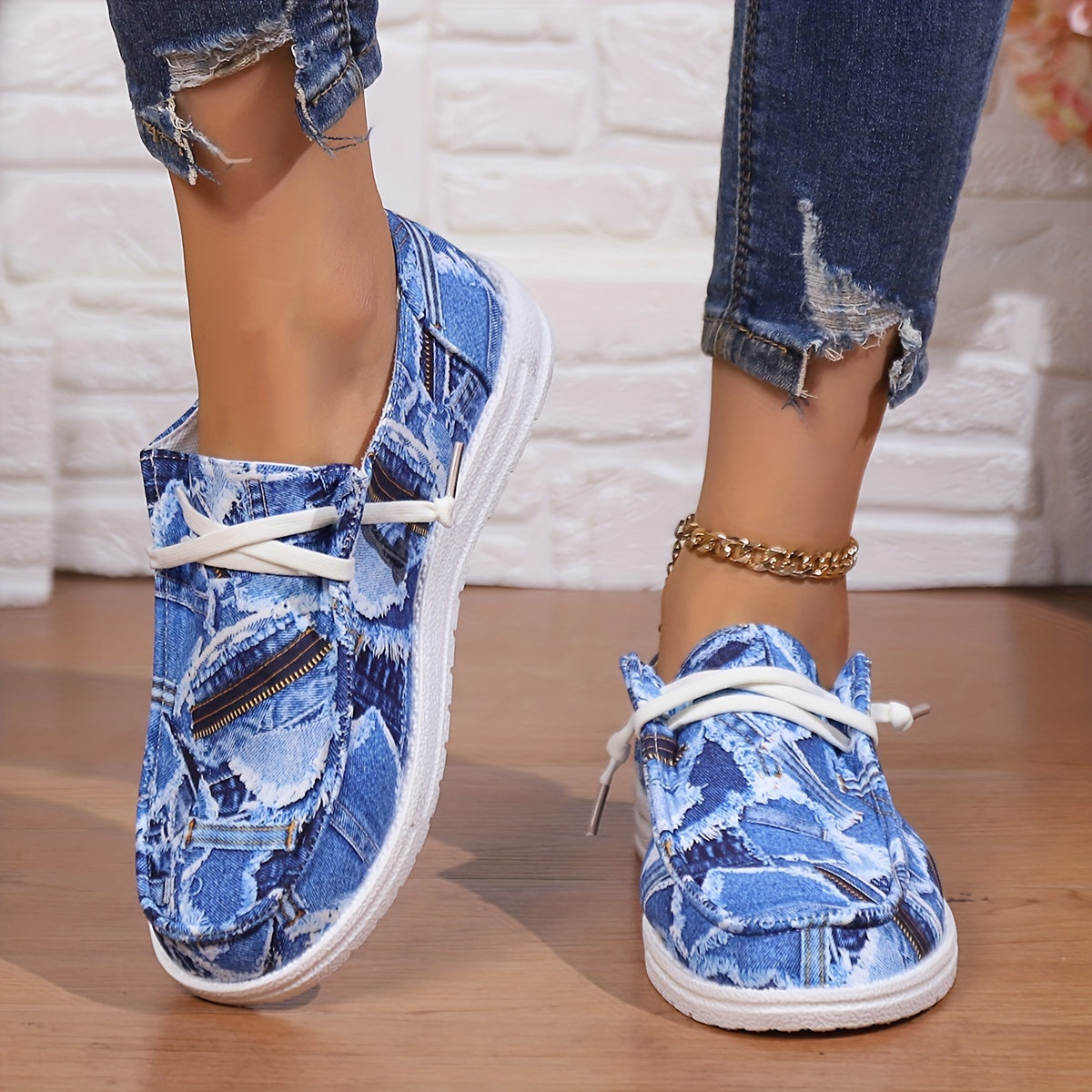 Ripped Denim Slip On Sneakers Lightweight Comfortable Shoes