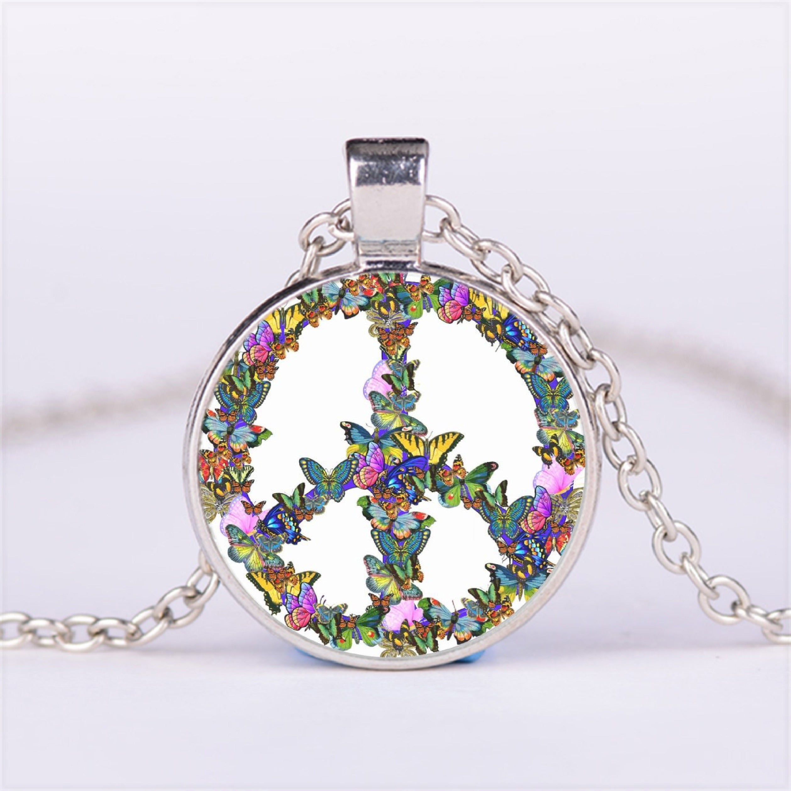 Peace Sign Pattern Butterfly Pendant Necklace