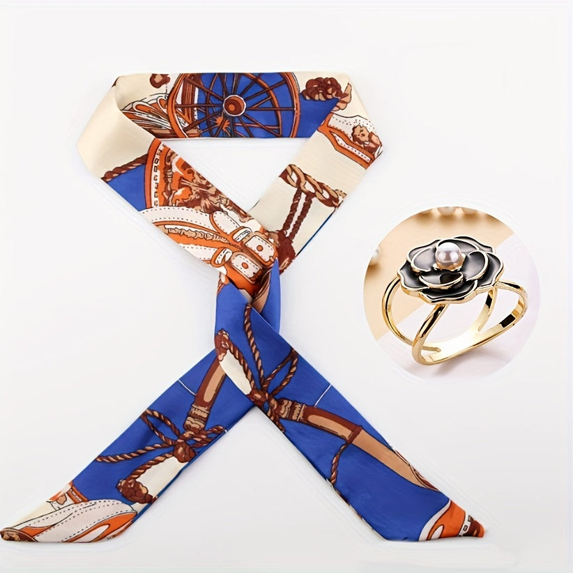 2pcs Set Skinny Scarf & Scarf Ring Long Ribbon Neckerchief Twilly Scarf
