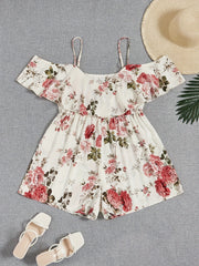 Floral Print Cold Shoulder Ruffle Trim Short Sleeve Romper