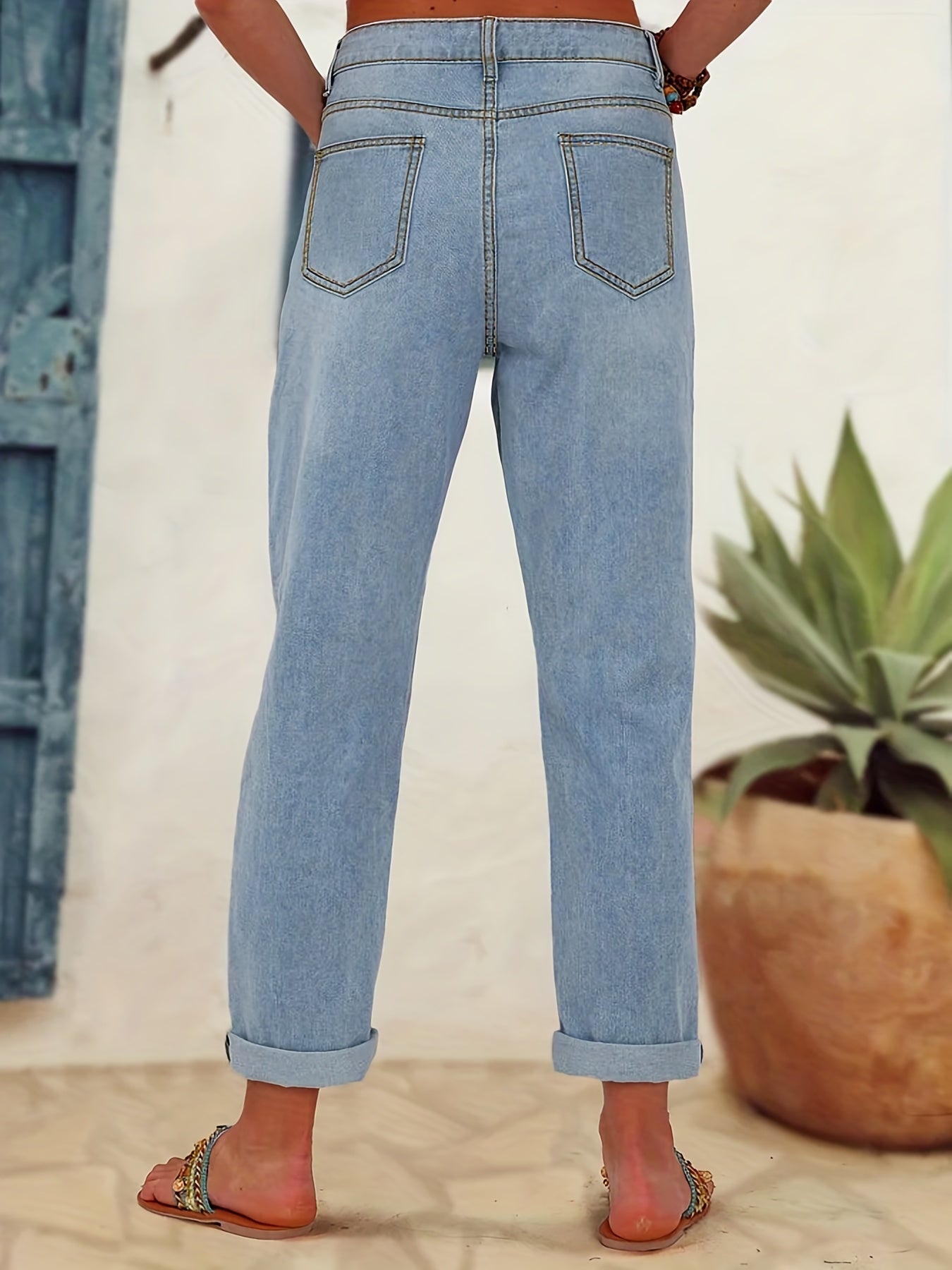 Floral Pattern Straight Jeans Non Stretch Denim Pants