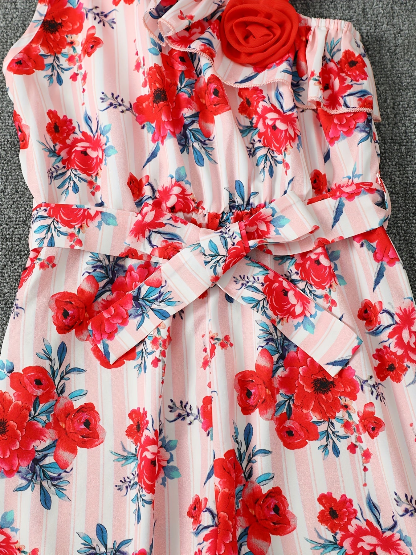 Girls Ruffle Trim Stripe Flowers Romper Jumpsuit For Beach Kids Summer Clothes