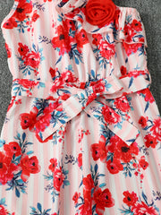 Girls Ruffle Trim Stripe Flowers Romper Jumpsuit For Beach Kids Summer Clothes