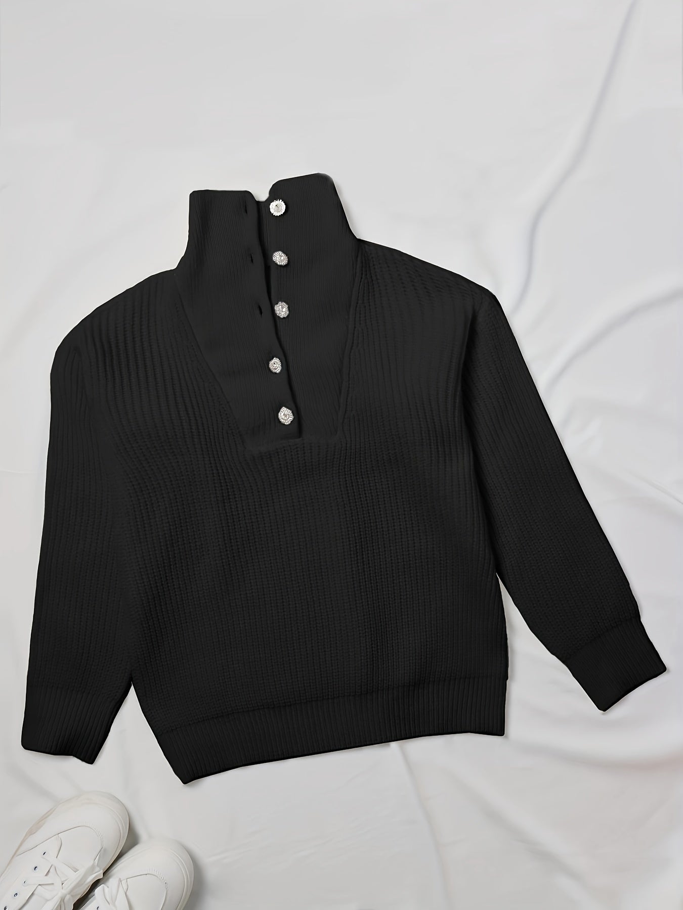 Casual Sweater Solid Button Up Long Sleeve High Neck Jumper