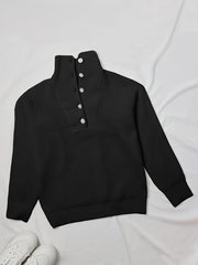 Casual Sweater Solid Button Up Long Sleeve High Neck Jumper