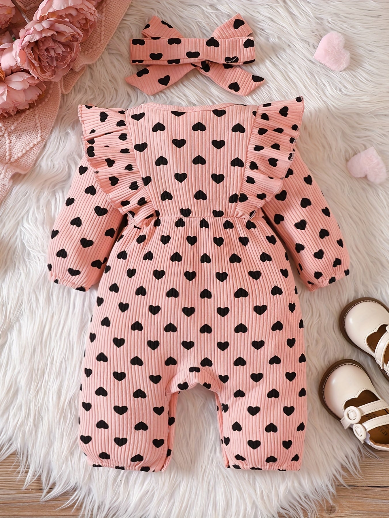 Infant Baby Girl Love Ruffle Long Sleeve Jumpsuit Newborn Bow Romper